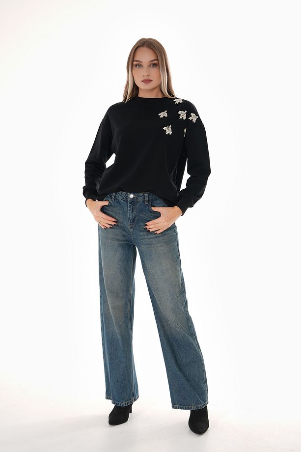 Yaprak Taş Detaylı Oversize Sweatshirt - 4