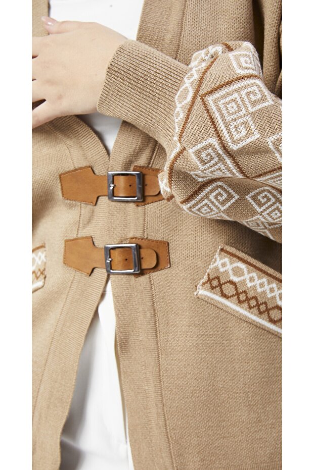 Leather Buckle Patterned Knit Jacket - 8