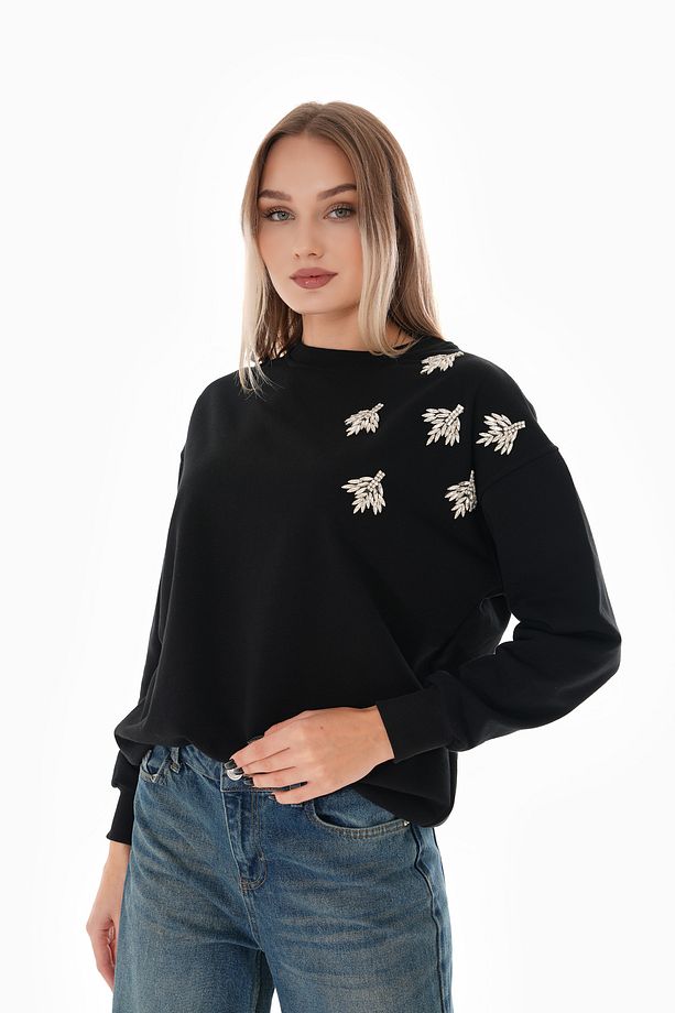 Yaprak Taş Detaylı Oversize Sweatshirt - 1