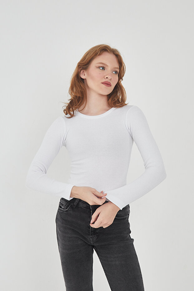 Women's 100% Cotton Crew Neck Long Sleeve Ribbed Blouse