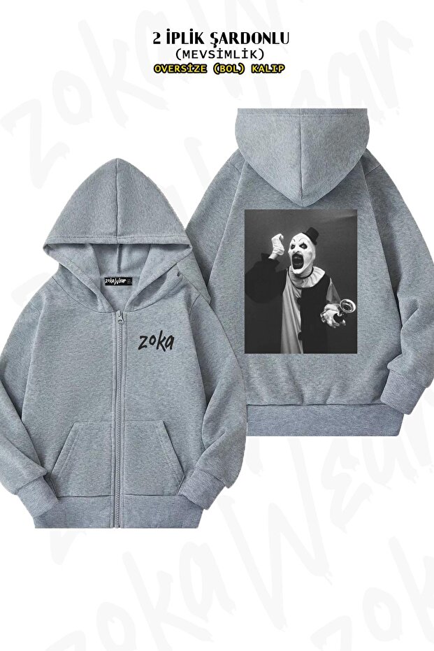 Oversize Terrifier Art the Clown Horror Back Printed Zip-Up Hooded Grey Cardigan (2 Thread)