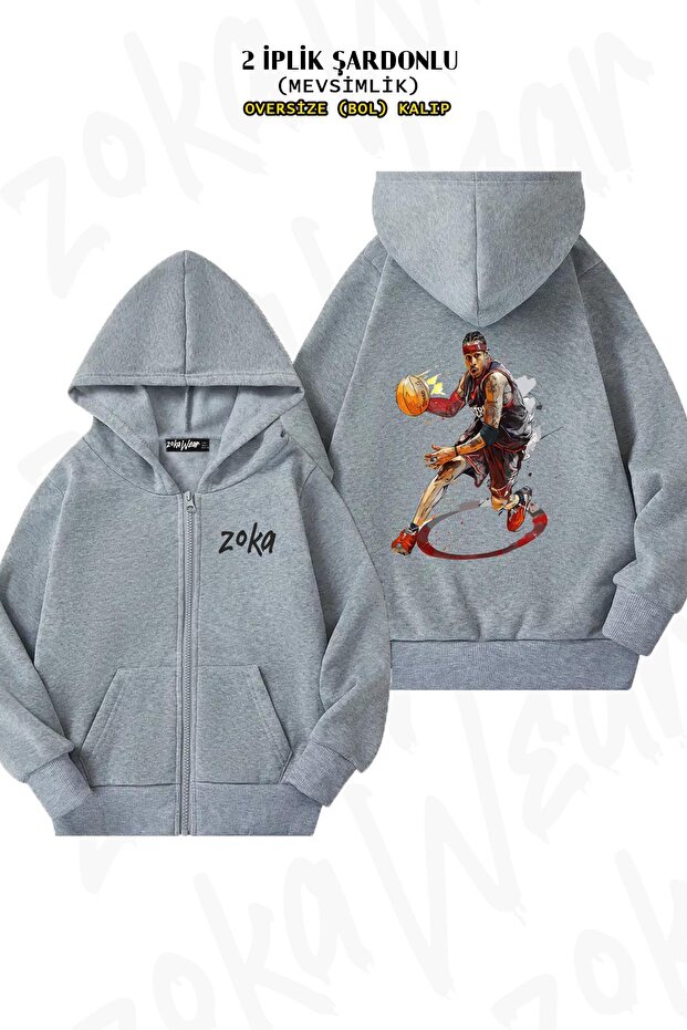 سترة Allen Iverson v2 باللون الرمادي - مطبوعة من الخلف، بسحاب، بغطاء للرأس (خيطان)