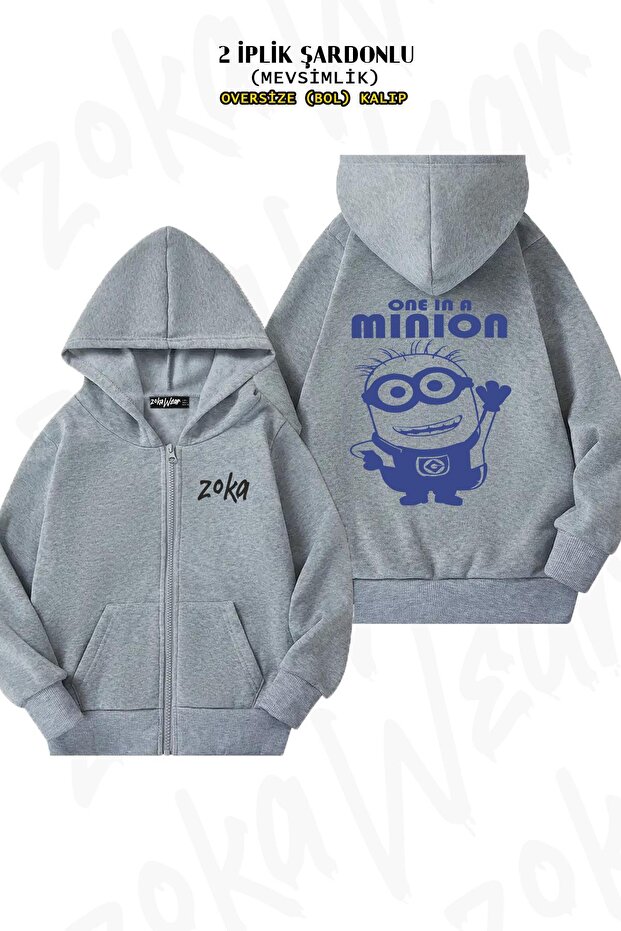 Minions Tom One in a Minion Blue - Back Printed, Zip-Up Hooded Gray Cardigan (2 Thread)