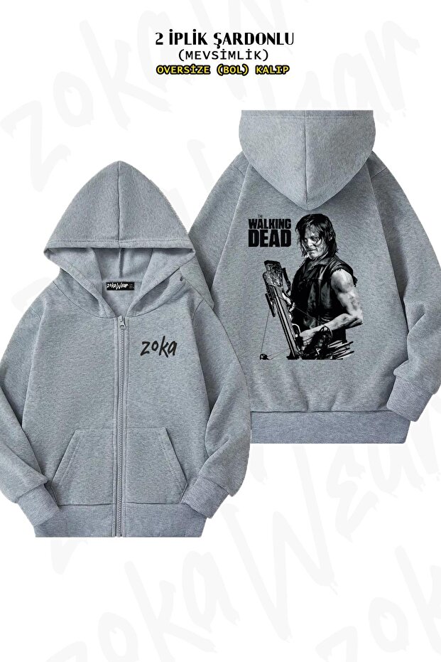 Oversize Daryl Dixon the Walking Dead Back Printed Zippered Hooded Gray Cardigan (2 Yarn)