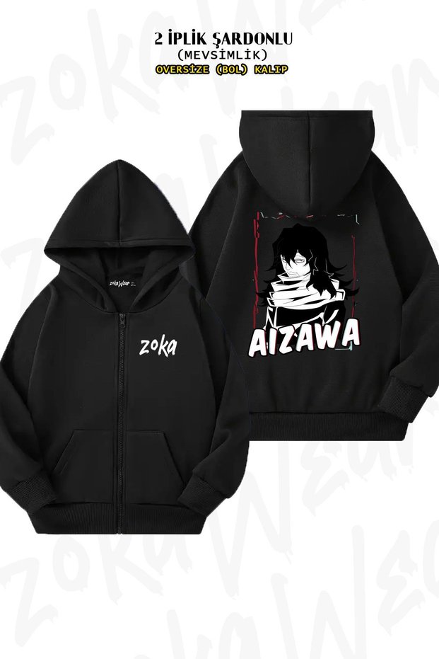 Oversize My Hero Academia Shota Aizawa Back Printed Zippered Hooded Black Cardigan (2 Yarns)