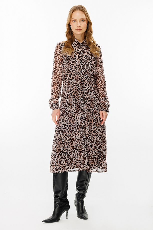Leopar Desenli Önü Düğmeli Elbise - 2
