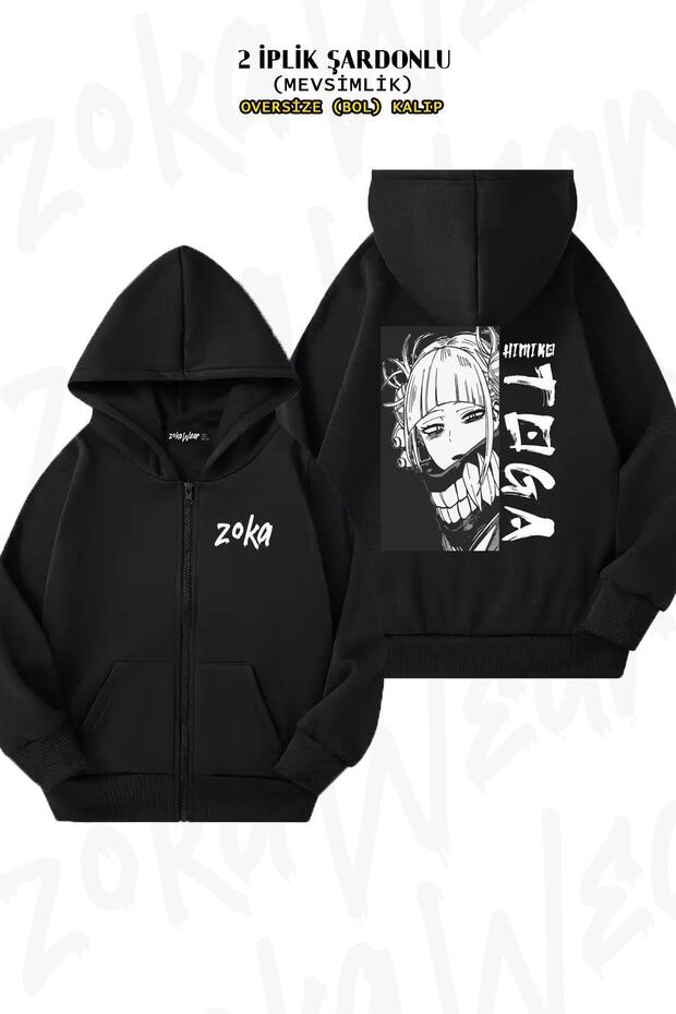 Oversize My Hero Academia Himiko Toga V2 Back Printed Zipper Hooded Black Cardigan (2 Thread)