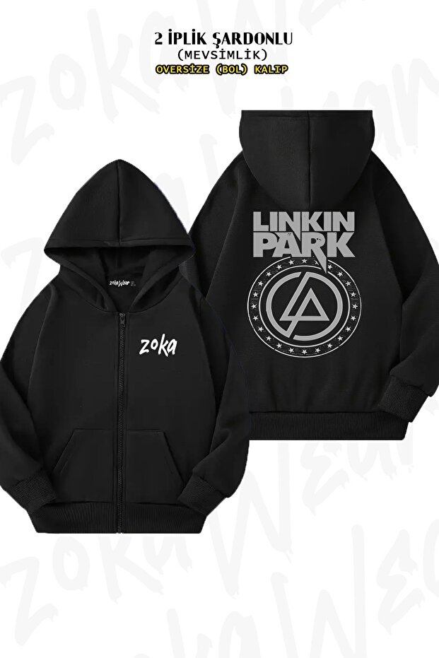 سترة سوداء بغطاء للرأس كبيرة الحجم تحمل شعار Linkin Park - مطبوع عليها ظهرين، وسحاب (خيطان)