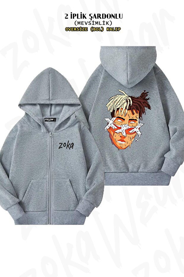 Xxxtentacion Melting Back Printed Gray Hooded Cardigan - Zip-Up, 2 Thread