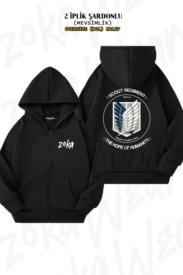 Oversize Attack on Titan Anime Symbols Back Printed Zippered Hooded Black Cardigan (2 Yarns)