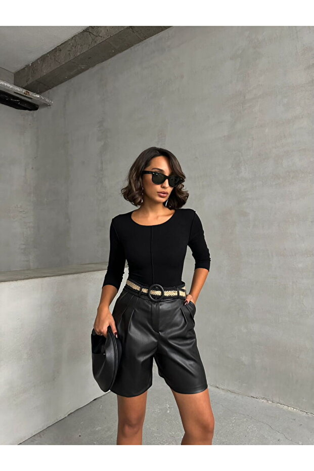 S:2 / M:2 / L:1 / Xl:1= 6 Adet | Siyah Kemerli Deri Toptan Şort F1497 - 2