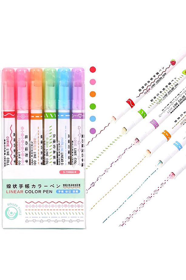 6'lı Desenli Fosforlu Kalem Linear Color Pen Çiçek Kalp Yıldız Desen Çizen Silindir Sihirli Kalem - 3