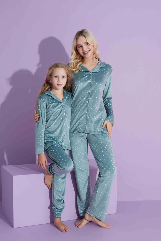 Trend Velvet Pajamas Set with Polka Dot Pattern - Mother/Daughter 2800-Mint