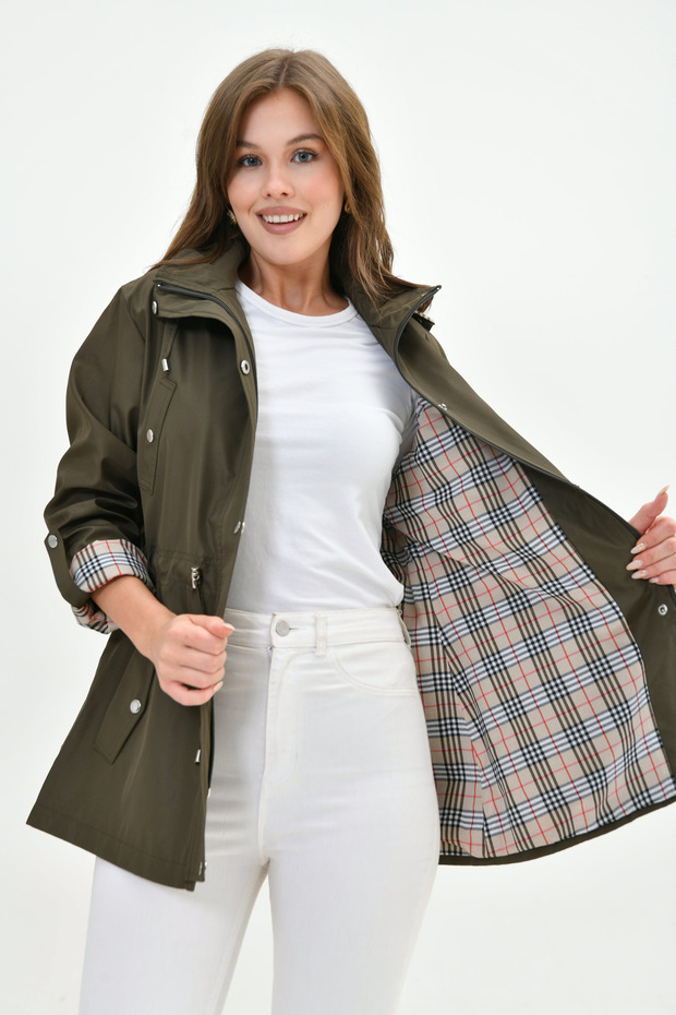 Women's Water-Resistant Plus Size Zip-Up Hooded Cotton Plaid Trench Coat