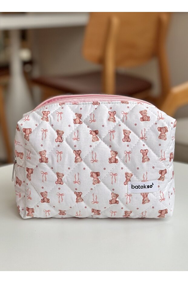 حقيبة مكياج منقوشة على شكل دمية دب وردي - حجم كبير - 2