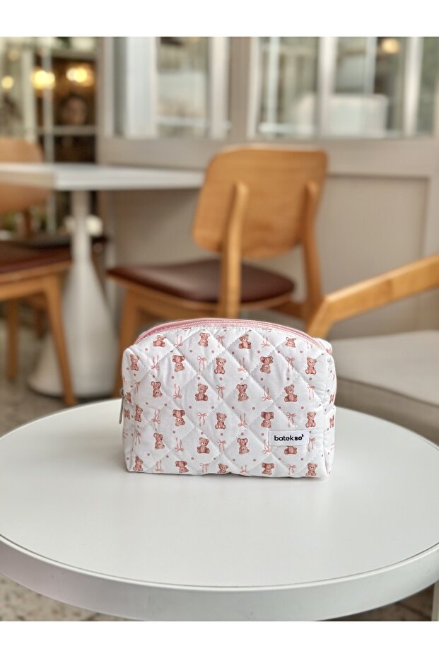 حقيبة مكياج منقوشة على شكل دمية دب وردي - حجم كبير - 7