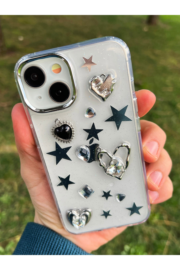 Clear Non-Yellowing Silver Stone and Star Show Off Hard Protective Phone Case for iPhone 13 / 14