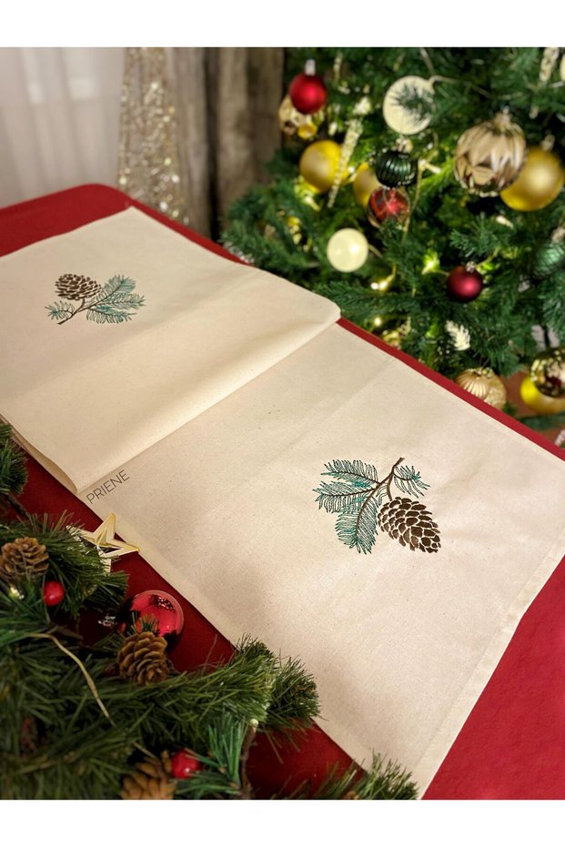 New Year's Cone Embroidered 100% Cotton Runner (40X140 cm)