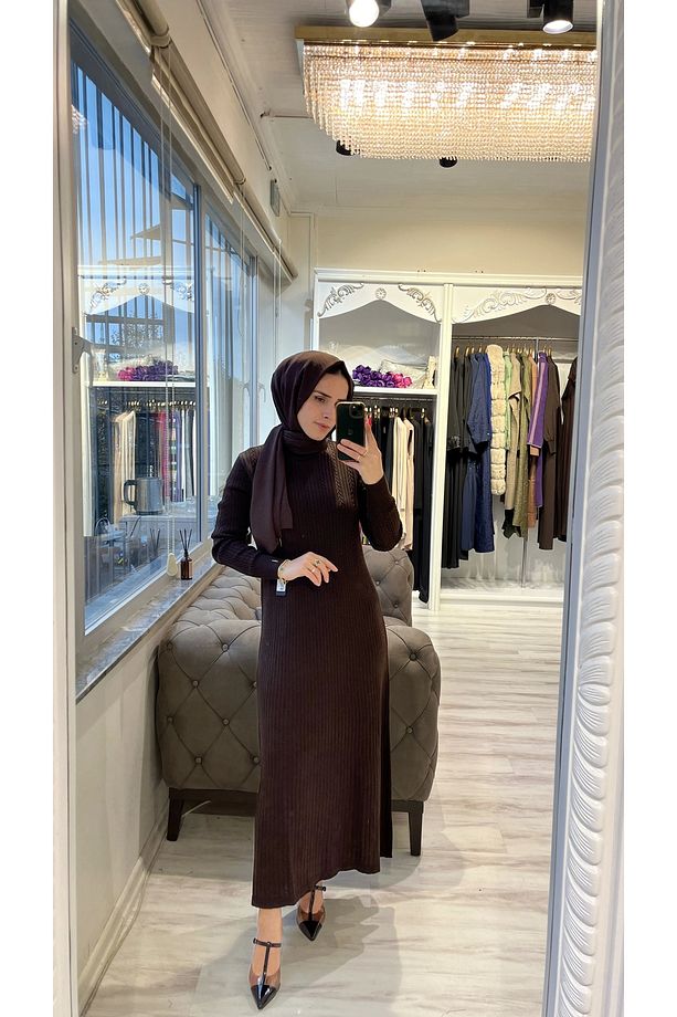 İNVEE 6954 Yün Karışımlı Triko Elbise - Kahve - 1