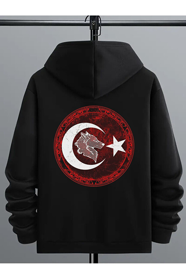 Bozkurt Moon & Star Symbol Back and Front Printed Unisex Lined Hooded Three-Thread Sweatshirt