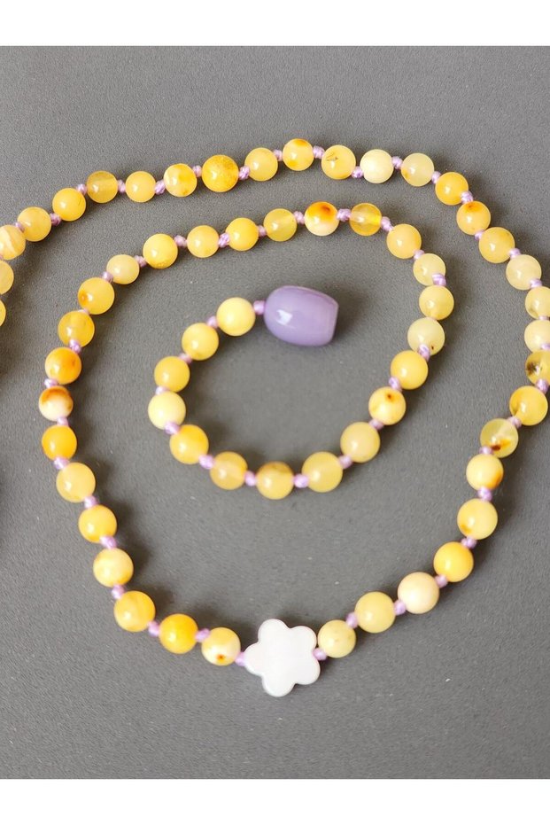 Drop Amber Purple Rope Mother of Pearl Heart Children's Necklace 40 cm