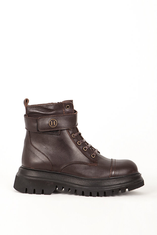 Women's Thick Soled Daily Lace-Up Velcro Comfort Boots Real Leather Hj 21700Z Brown