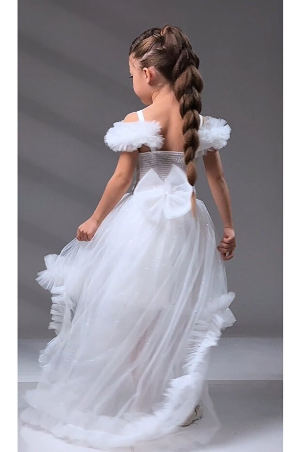 White Color Sequined Glittering Tail Style Wedding Party Kids Evening Dress Gown Aby170