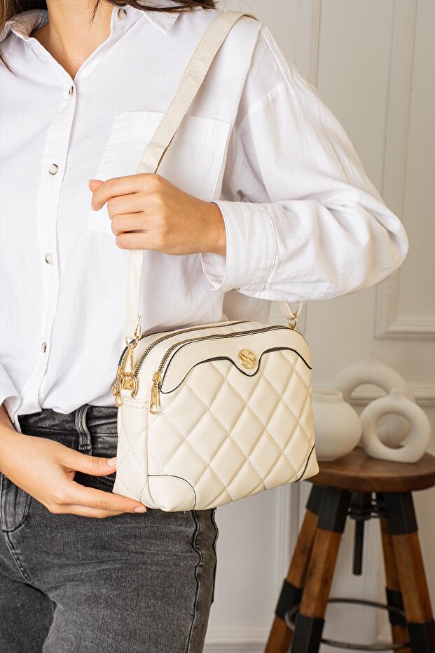 Adjustable Long Strap Lined Quilted 4 Compartment Shoulder and Crossbody Bag 1267