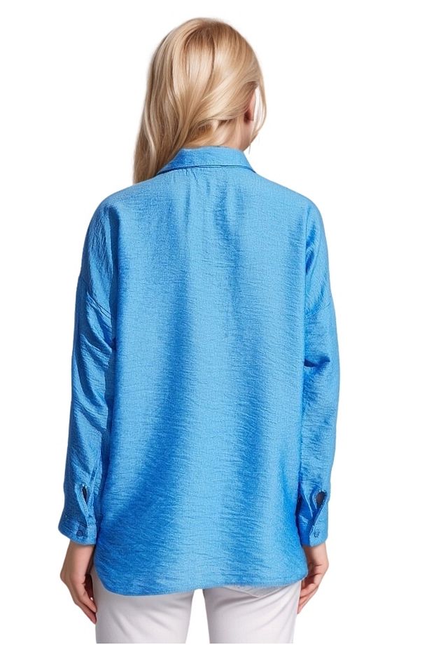 Kadın Saks Mavisi Papatya İşlemeli Keten Ayrobin Oversize Gömlek - 5