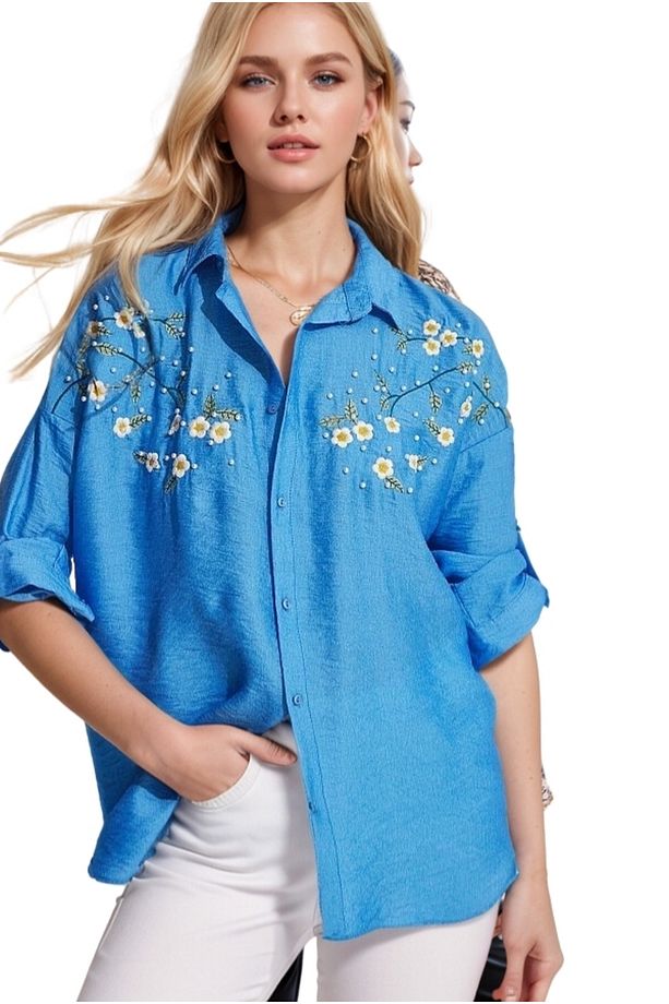 Kadın Saks Mavisi Papatya İşlemeli Keten Ayrobin Oversize Gömlek - 3