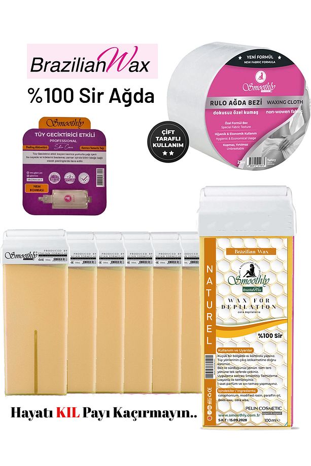 6 adet NATÜREL Brazılıan Rool on kartuş ağda 25 mt sir ağda bezi 1 ad.tüy azaltıcı losyon - 1