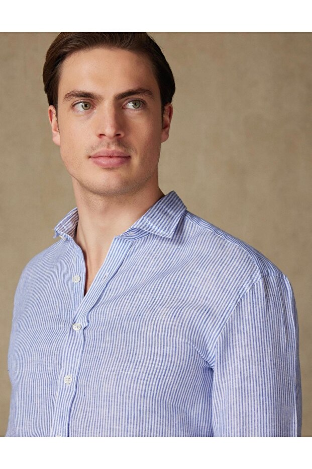 Men's Shirt Slim Fit Linen (Sax Stripes)