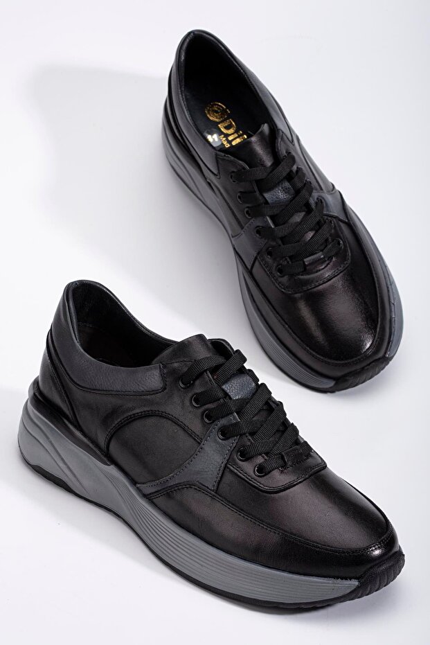 Genuine Leather Orthopedic Men's Casual Shoes Black Thick Sole Bonded