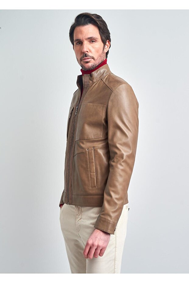 Erkek Bej Basic Cepli Deri Ceket - 5
