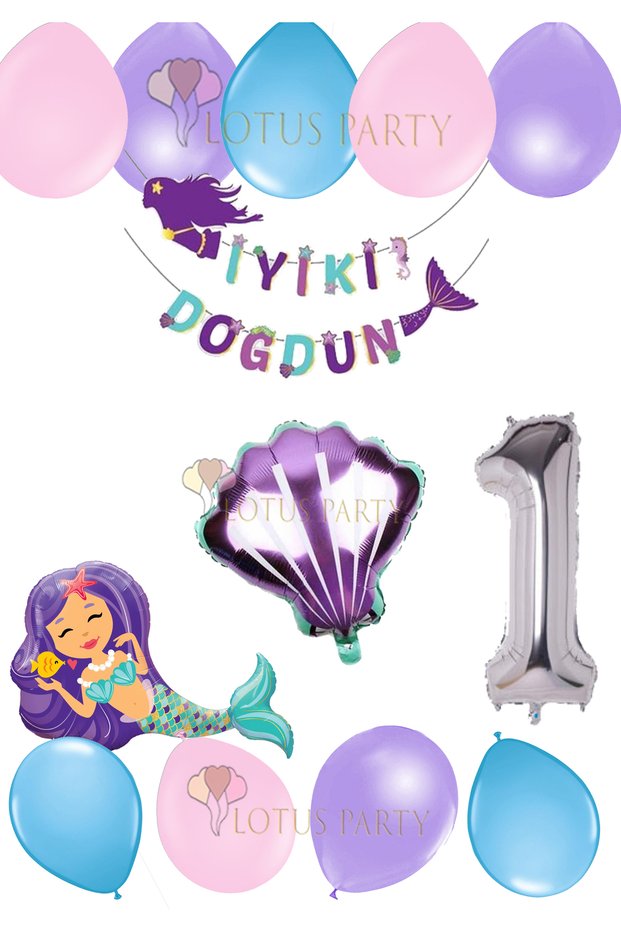 Mermaid Birthday Set - Mermaid Foil Balloon Mermaid Banner Pink Purple Blue Balloon 1 Year Old