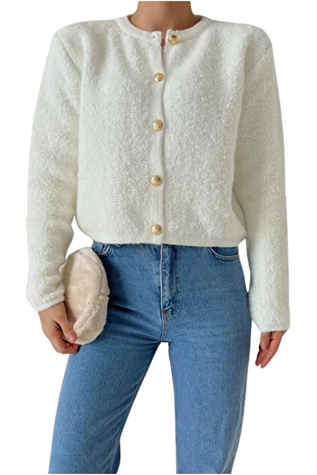 Women's White Gold Gold Buttoned Crew Neck Teddy Cardigan