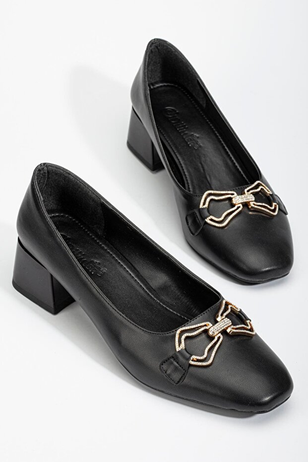 Large Size Skin Stone Accessory Black Women's Low Heeled Shoes