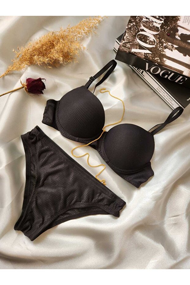 مجموعة حمالة صدر سوداء مدعمة بنمط مضلع أساسي - 2