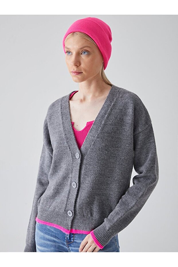 Kontrast Şeritli Triko Antrasit Hırka - 2