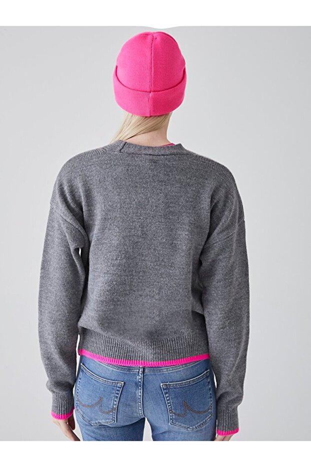 Kontrast Şeritli Triko Antrasit Hırka - 3