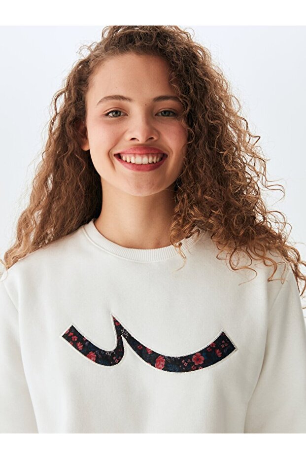 Logolu Bisiklet Yaka Bej Sweatshırt - 4