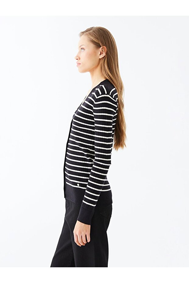 Çizgili Triko Siyah Hırka - 4