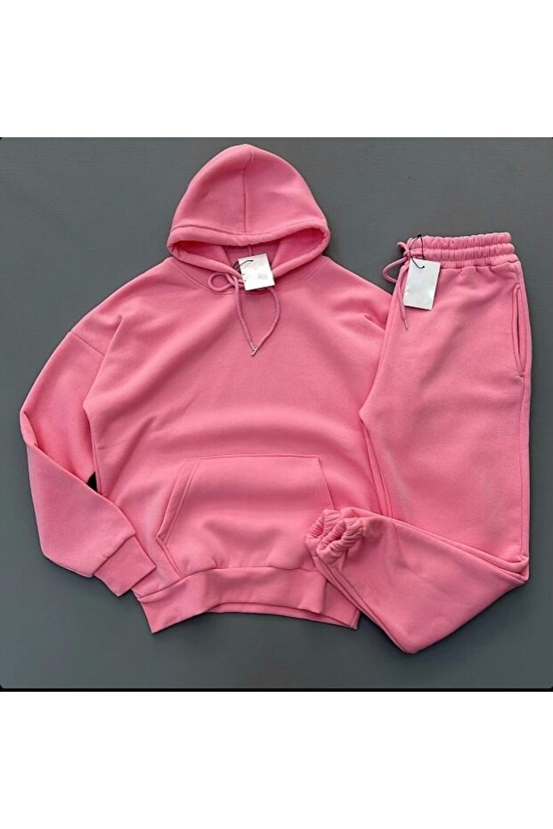 3-Thread Cotton Fabric Winter Unisex Oversized Women Men Long Sleeve Top-Bottom Tracksuit Set