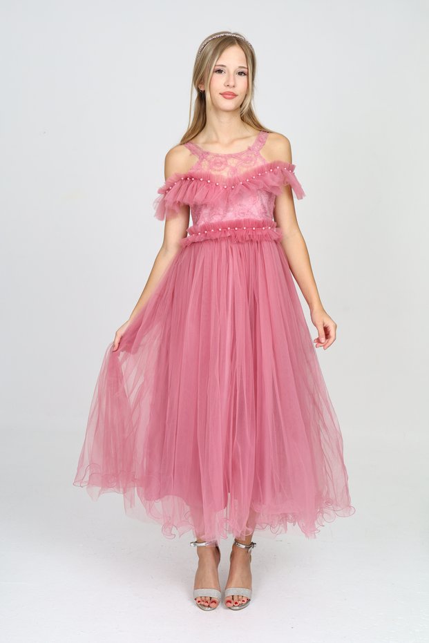 Girl's Guipure Patterned Evening Dress Graduation Wedding Outfit 11 Years-12 Years-13 Years-14 Years