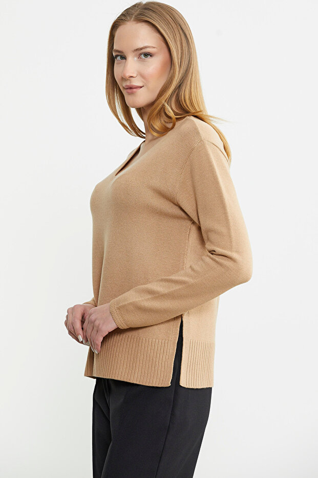 Salaş V Yaka Basic Triko Kazak - Kamel - 4