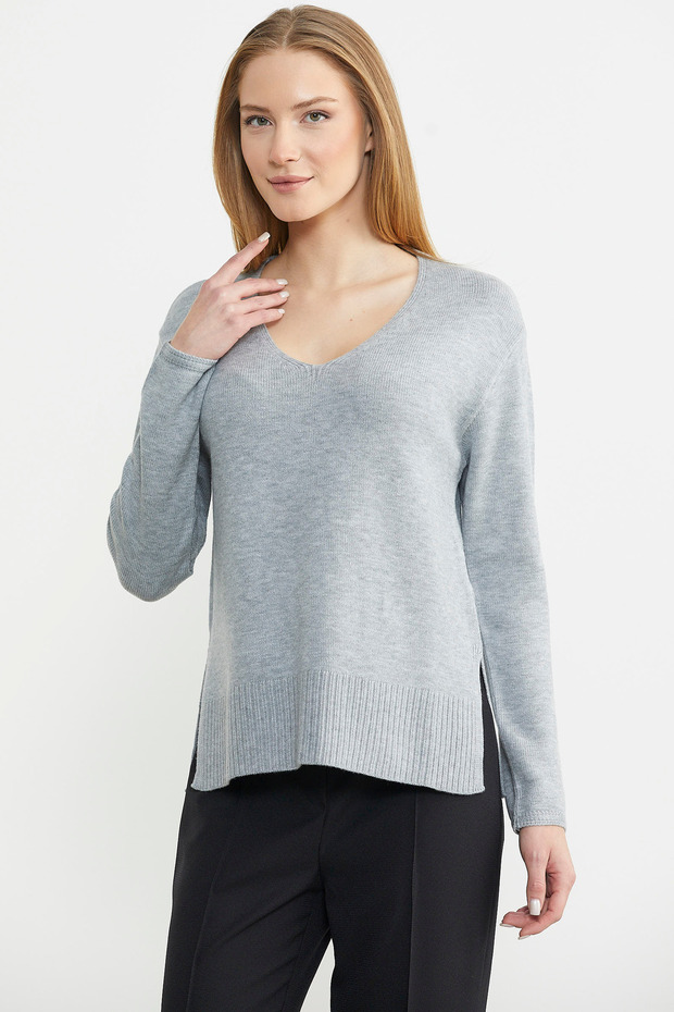 Salaş V Yaka Basic Triko Kazak - Gri - 2