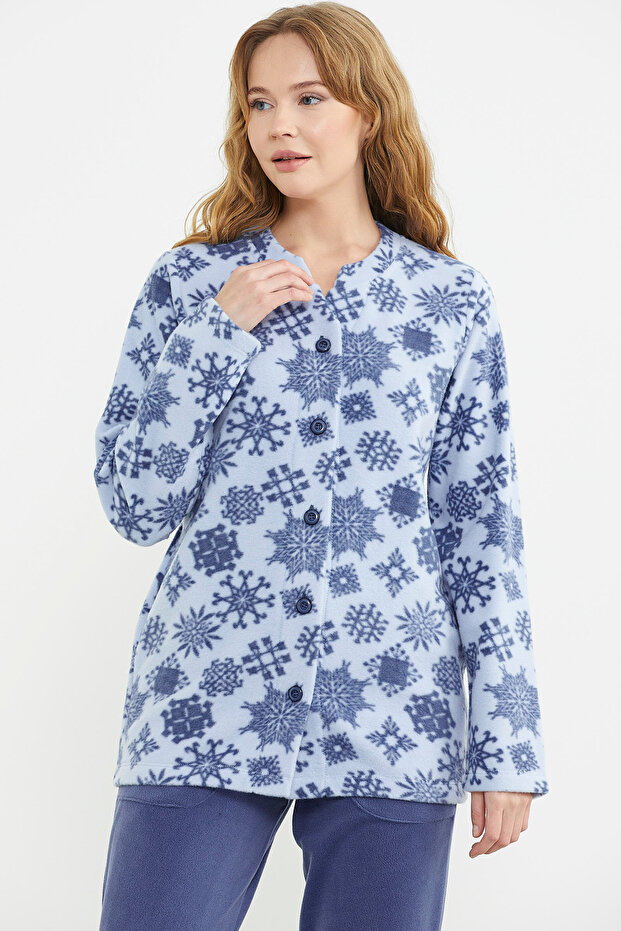Patterned Front Buttoned Fleece Pajama Set - Blue - 3