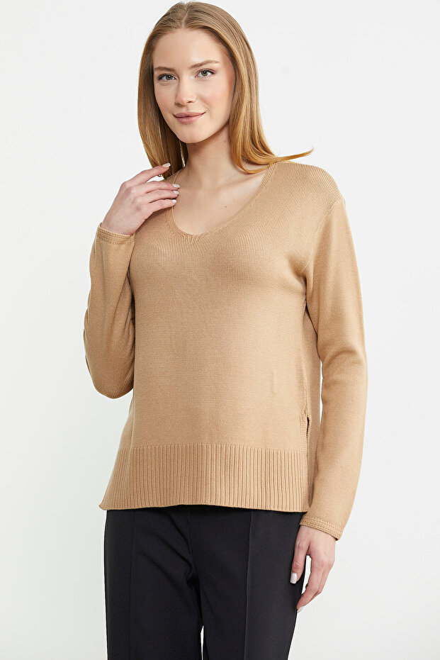 Salaş V Yaka Basic Triko Kazak - Kamel - 3