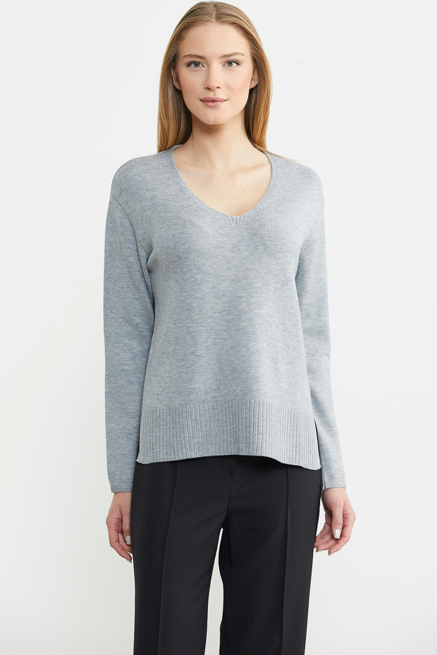 Salaş V Yaka Basic Triko Kazak - Gri - 1