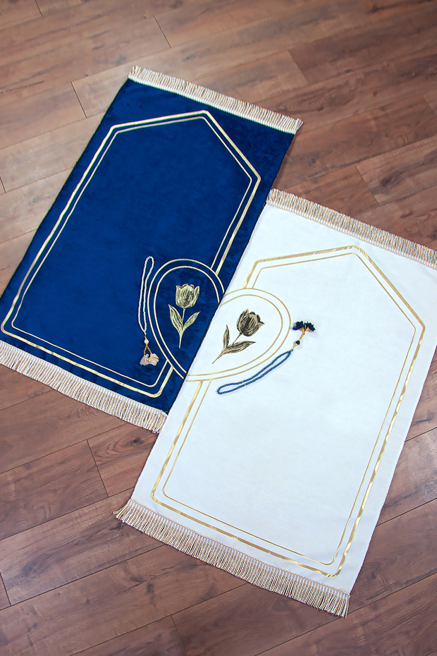 Dowry Gift Set: Double Prayer Mat, Bundle, Prayer Beads, Heart-Shaped Prayer Mat Set, Blue Cream